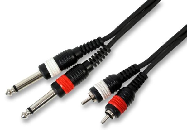 PULSE PLS00252 - 2x 6.35mm (1/4") Mono Jack to 2x Phono (RCA) Plug to Plug Lead, 3m Black