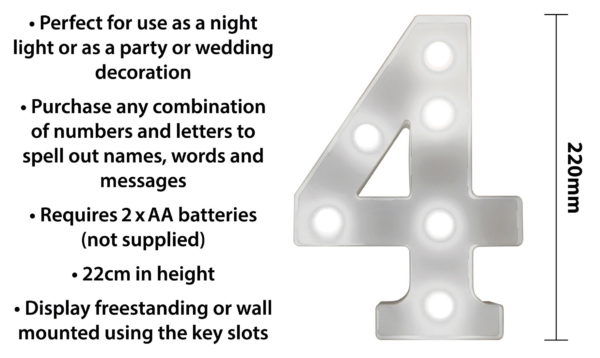 St Helens Home and Garden GH11214 - "4" Battery Operated 3D LED Number Light - Image 3